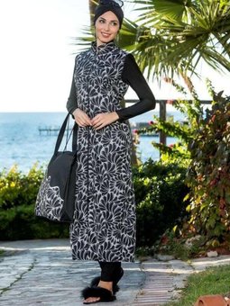 Siyah Uzun Boy Damla Desenler Tam Kapalı Mayo