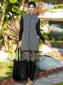 Siyah Uzun Kol Halka Desenli Tam Kapalı Mayo