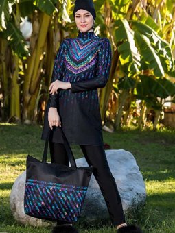 Siyah Uzun Kol Renkli Çizgiler Tam Kapalı Mayo