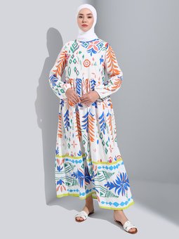 Çiçek Bordür Desenli Viskon Saks Mavisi Elbise