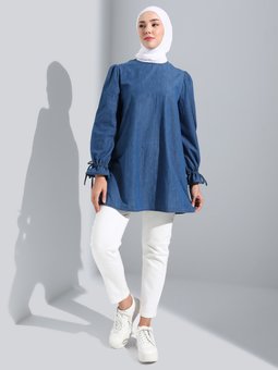 Kol Detaylı Denim Mavi Tunik