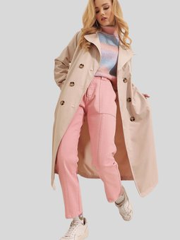 Bej Kruvaze Yaka Düğmeli Kuşaklı Trençkot