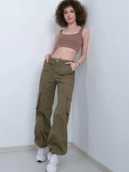 Haki Paçası Lastikli Kargo Cepli Paraşüt Pantolon