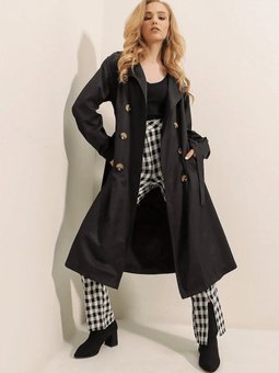 Siyah Kruvaze Yaka Düğmeli Kuşaklı Trençkot