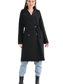 Siyah Kruvaze Yaka Kuşaklı Astarsız Trençkot