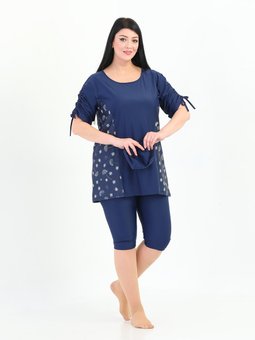 Lacivert Aysu Çiçek Desenli Büyük Beden Havuz Mayosu