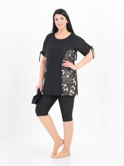 Siyah Aysu Yaprak Desenli Büyük Beden Havuz Mayosu