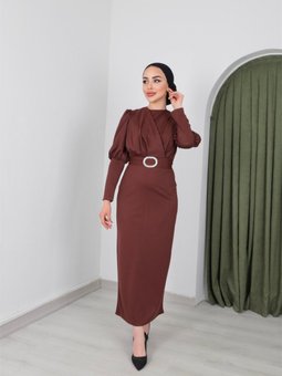 Skuba Çapraz Kalem Kahverengi Elbise