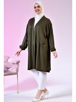 Kadin Buyuk Beden Metal Tokalı Petek Haki Hırka