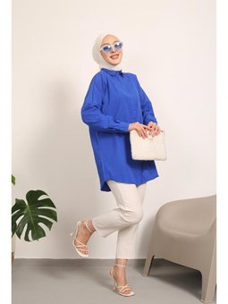 Saks Mavisi Mavi Düz Terikoton Salaş Gömlek