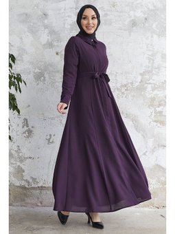 Emery Kuşaklı Gömlek Yaka Mürdüm Ferace