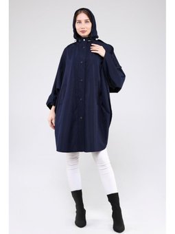 Oversize Kapüşonlu Mevsimlik Yağmurluk Lacivert Panço