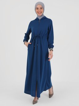 Kol Detyalı Boydan Fermuarlı Koyu İndigo Ferace