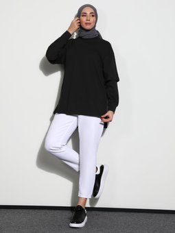 Doğal Kumaşlı Kendinden Kol Detaylı Basic Siyah Tunik