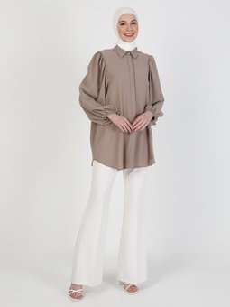 İpek Tuşeli Volümlü Kol Detaylı Vintage Haki Tunik