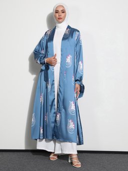 Saten Bağlama Detaylı Şal Desenli Derin Mavi Ferace