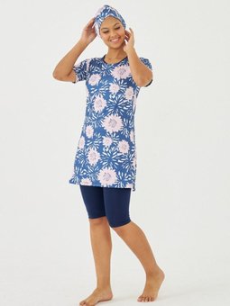 Lacivert Kol Hızlı Kuruyan Mor Çiçek Desenli Mayo