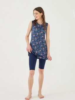 Lacivert Pembe Çiçekler Mayo