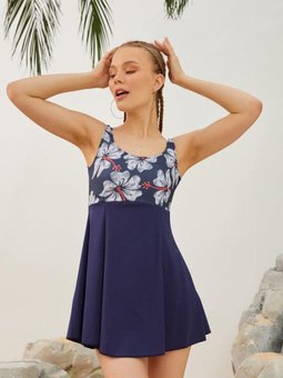 Lacivert Şortlu Elbiseli Modeli Gül Desenli Mayo