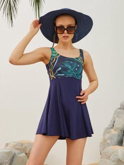 Lacivert Şortlu Zincir Desenli Elbiseli Mayo