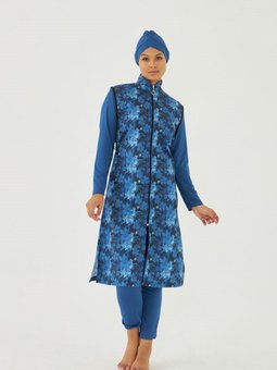 Lacivert Uzun Kol Orkide Çiçeği Tam Kapalı Mayo