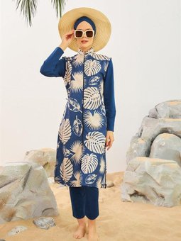 Mavi Hızlı Kuruyan Beyaz Yapraklı Tam Kapalı Mayo