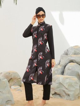 Siyah Dik Yaka Örüntülü Desen Tam Kapalı Mayo