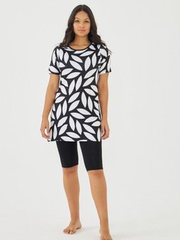 Siyah Kısakol Yaprak Detaylı Beyaz İşlemeli Mayo