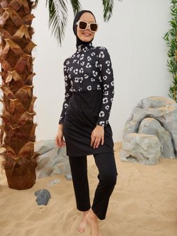 Siyah Likralı Yarım Fermuarlı Deniz Taşı Desenli Tam Kapalı Mayo