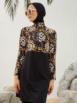 Siyah Yarım Fermuarlı Likralı Tam Kapalı Mayo