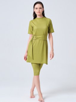 Fıstık Yeşili Gümüş Kemer Tokalı Yarım Kol Yarı Kapalı Mayo