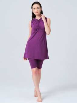 Koyu Mor Önü Büzgü Detaylı Sıfır Kol Yarı Kapalı Mayo