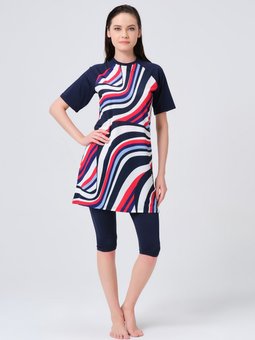 Lacivert Desenli Reglan Yarım Kol Yarı Kapalı Mayo