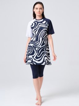 Lacivert Patchwork Yarım Kol Yarı Kapalı Mayo