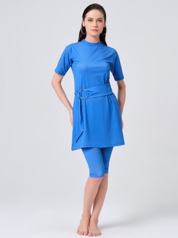 Mavi Gümüş Kemer Tokalı Yarım Kol Yarı Kapalı Mayo