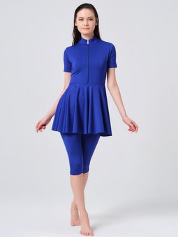 Saks Mavisi Mavi Kloş Etekli Yarım Kol Yarı Kapalı Mayo