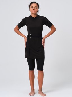 Siyah Gümüş Kemer Tokalı Yarım Kol Yarı Kapalı Mayo