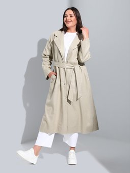 Büyük Beden Düğmeli Kuşaklı Keten Açık Bej Kap