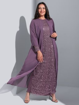 Büyük Beden Pul Detaylı Koyu Lila Abiye Elbise