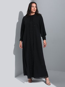 Büyük Beden Pul Detaylı Siyah Abiye Elbise