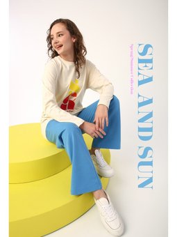 Bej Bisiklet Yaka Pamuklu Baskılı Tunik