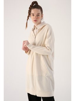 Ekru Kapüşonlu Fermuarlı Sweat Hırka