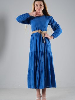 Saks Mavisi Hasır Kemerli Fisto Elbise