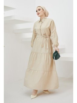 Yaka Düğmeli Gömlek Elbise Taş