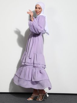Fırfır Detaylı Kemerli Şifon Toz Lila Elbise