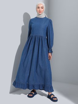 Kol Ve Etek Fırfırlı Denim Koyu İndigo Elbise