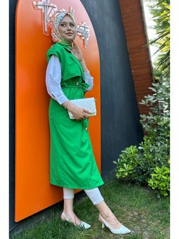 Kolsuz Oversize Kuşaklı Yeşil Trençkot