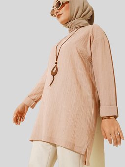 Bej Kol Katlamalı Kolyeli Tunik