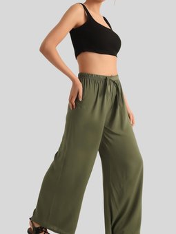 Haki Beli Bağlamalı Bol Paça Viskon Pantolon