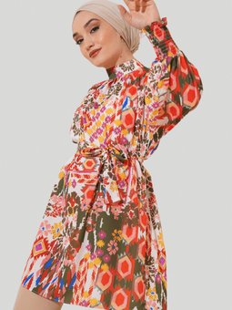 Orange Desenli Kol Bileği Gipeli Kuşaklı Tunik